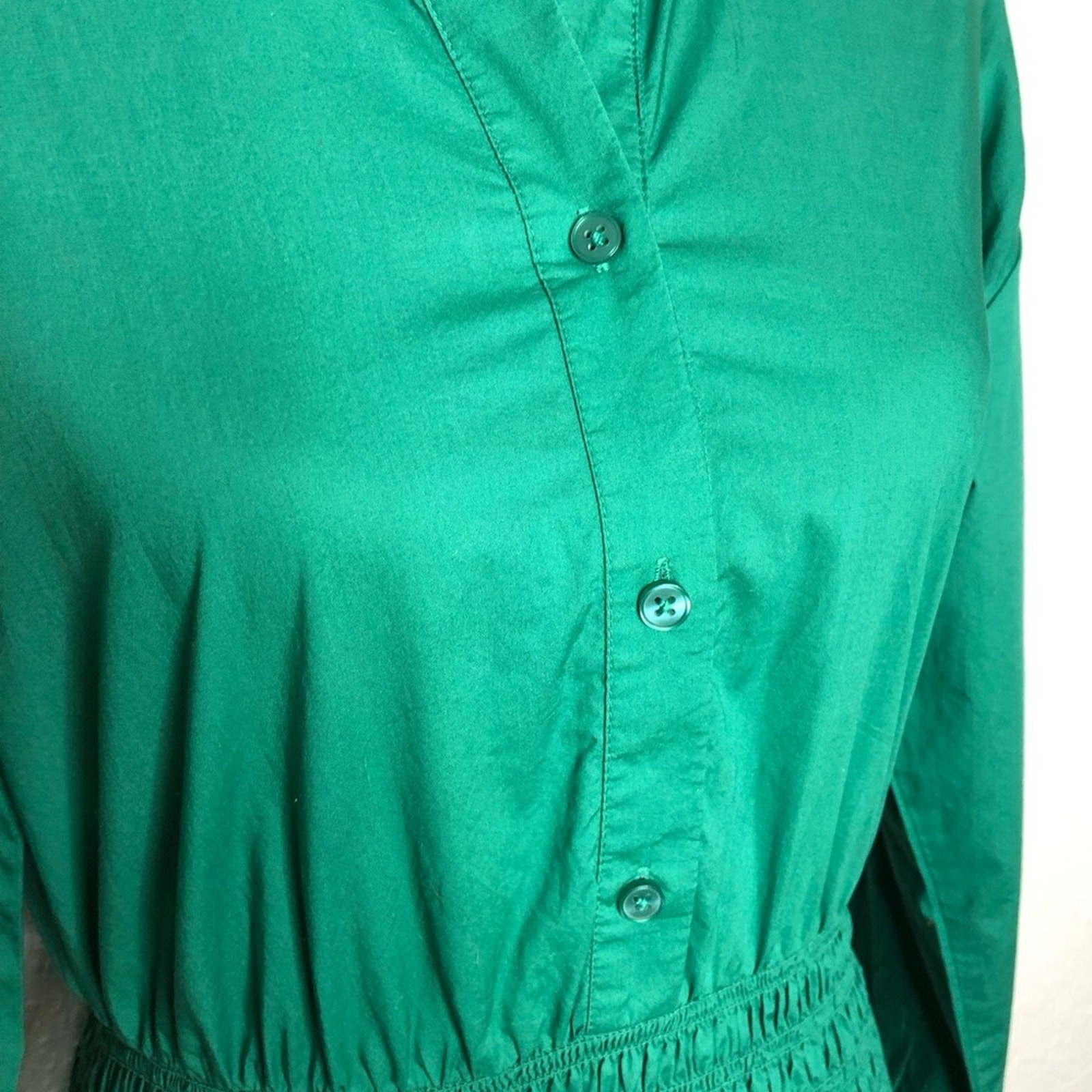 Ann Taylor green smocked waist button down midi shirt dress size 6