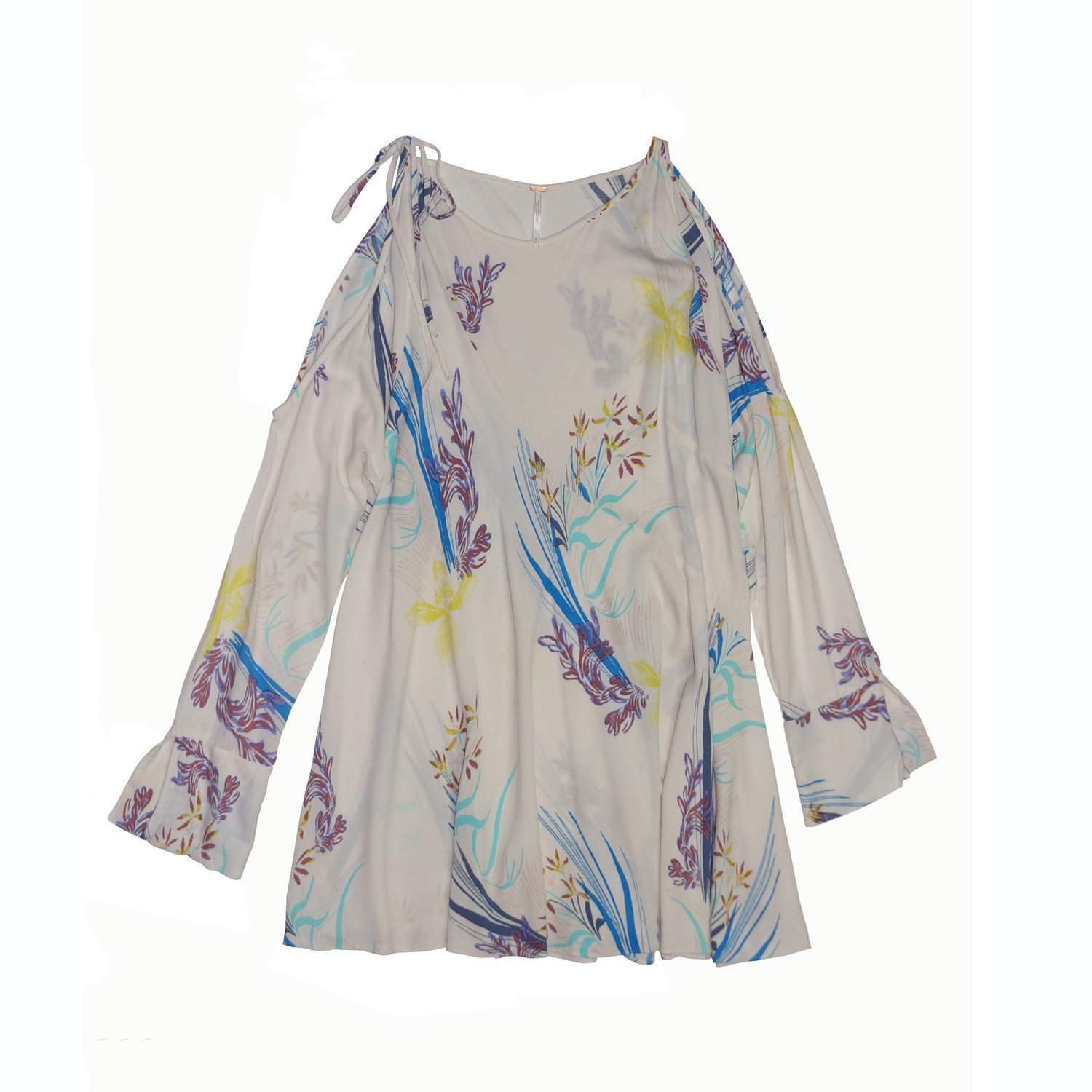 Free People Clear Skies Printed Tunic Mini Dress Cold Shoulder Ivory Floral Sz M