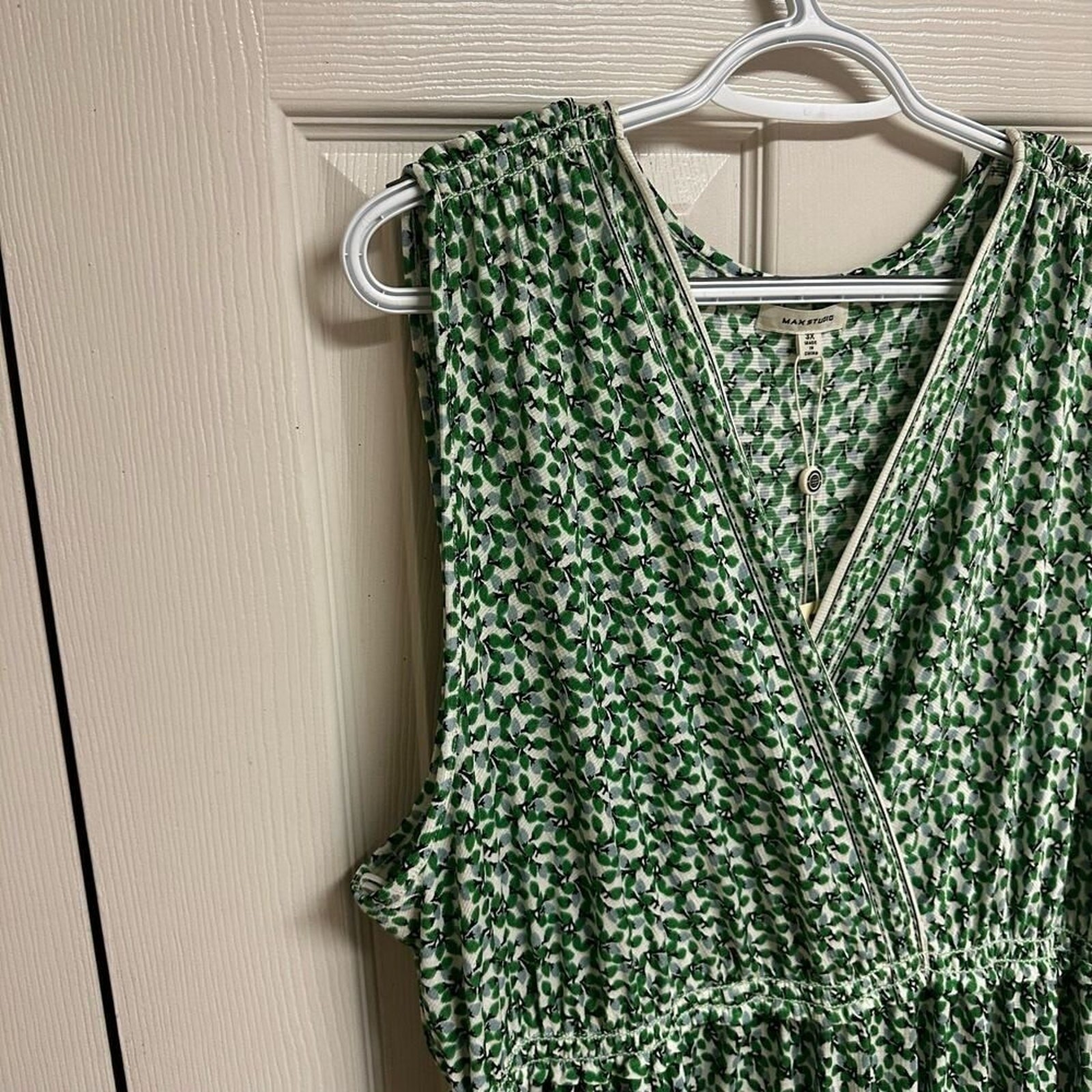 Max Studio Textured Jersey Tiered Midi Dress Cream Green Buds Women’s 3X