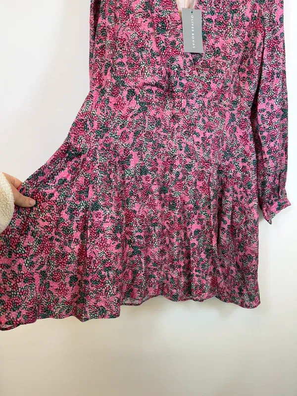 Oliver Bonas Tranquil Print Pink Mini Tiered Dress UK 12 BNWT