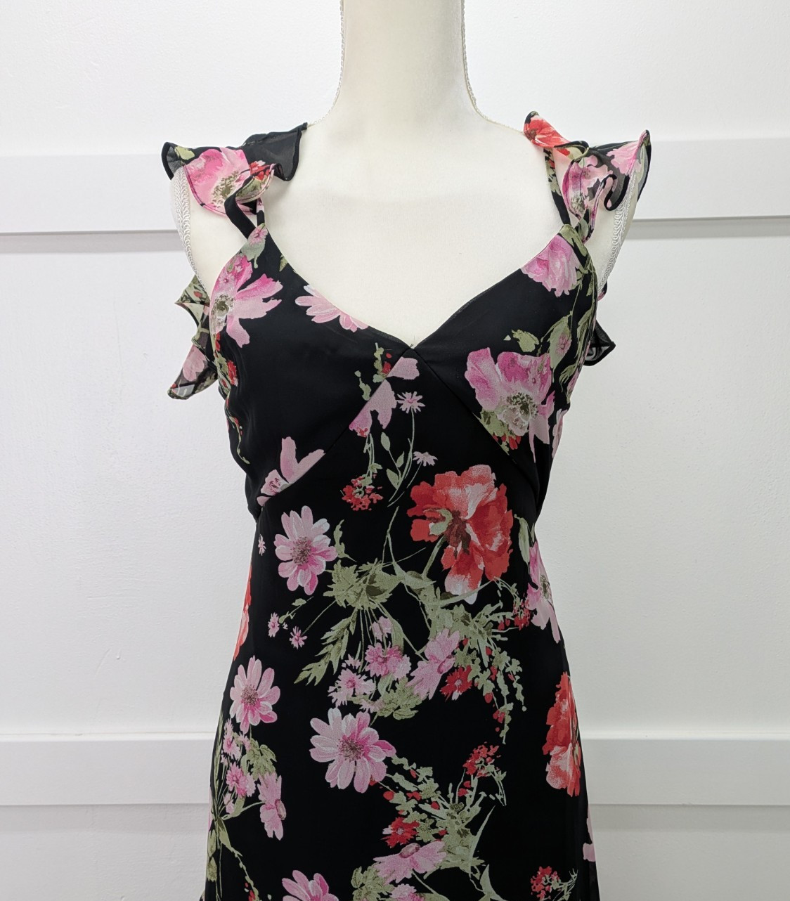 Speechless Black Pink Floral Ruffled Hem High Low Maxi Cold Shoulder Dress Sz M