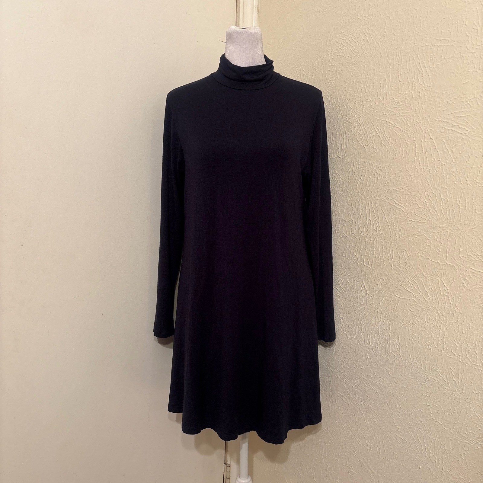 Comfy USA Navy Blue Turtleneck Long Sleeve Swing Mini Dress Sz S Lagenlook Basic