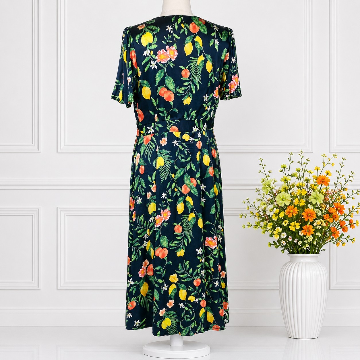 Monsoon Fruit Print Wrap Midi Dress UK 14 Navy Lemon Floral Tea Dress