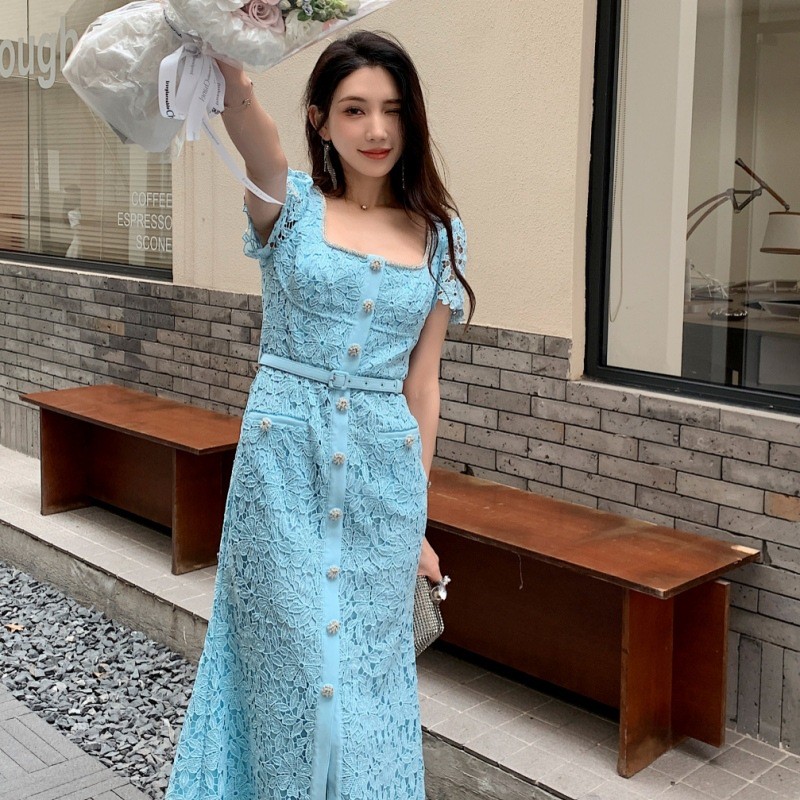 French Style Womens Lace Slim Short Sleeve Square Neck Mid Long Fishtail Dresses