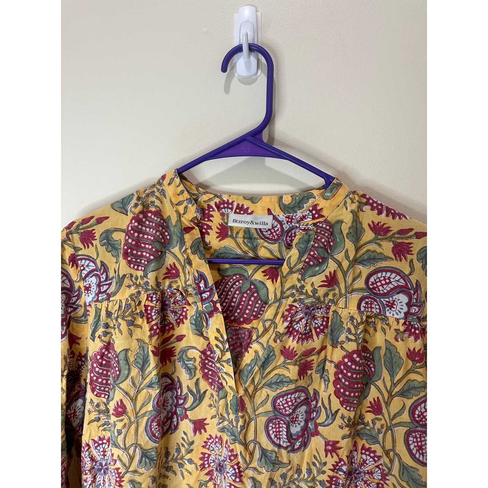 Fitzroy & Willa Soleil Marti Dress Cotton Yellow Floral Sz M Short Maxi Boho