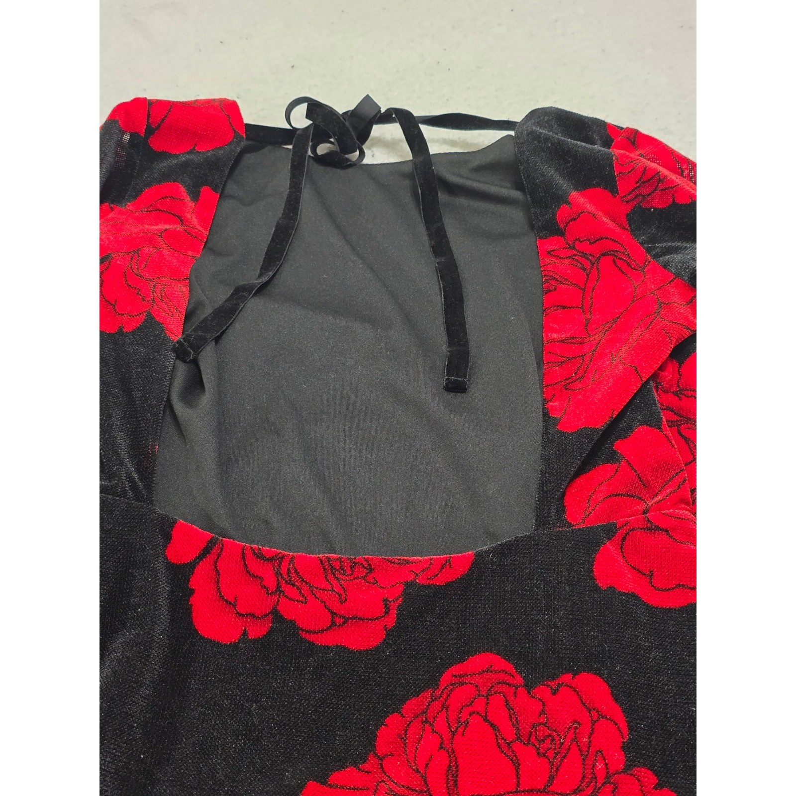 Thirty Thirty LA Red Rose Velvet Mesh Bell Sleeve Mini Dress Black M 7DDED260