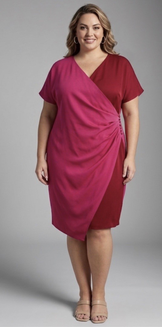 MARINA RINALDI “DIVA” 2 TONE FAUX WRAP COCTAIL DRESS FUCHSIA/MAROON US-20 NWT