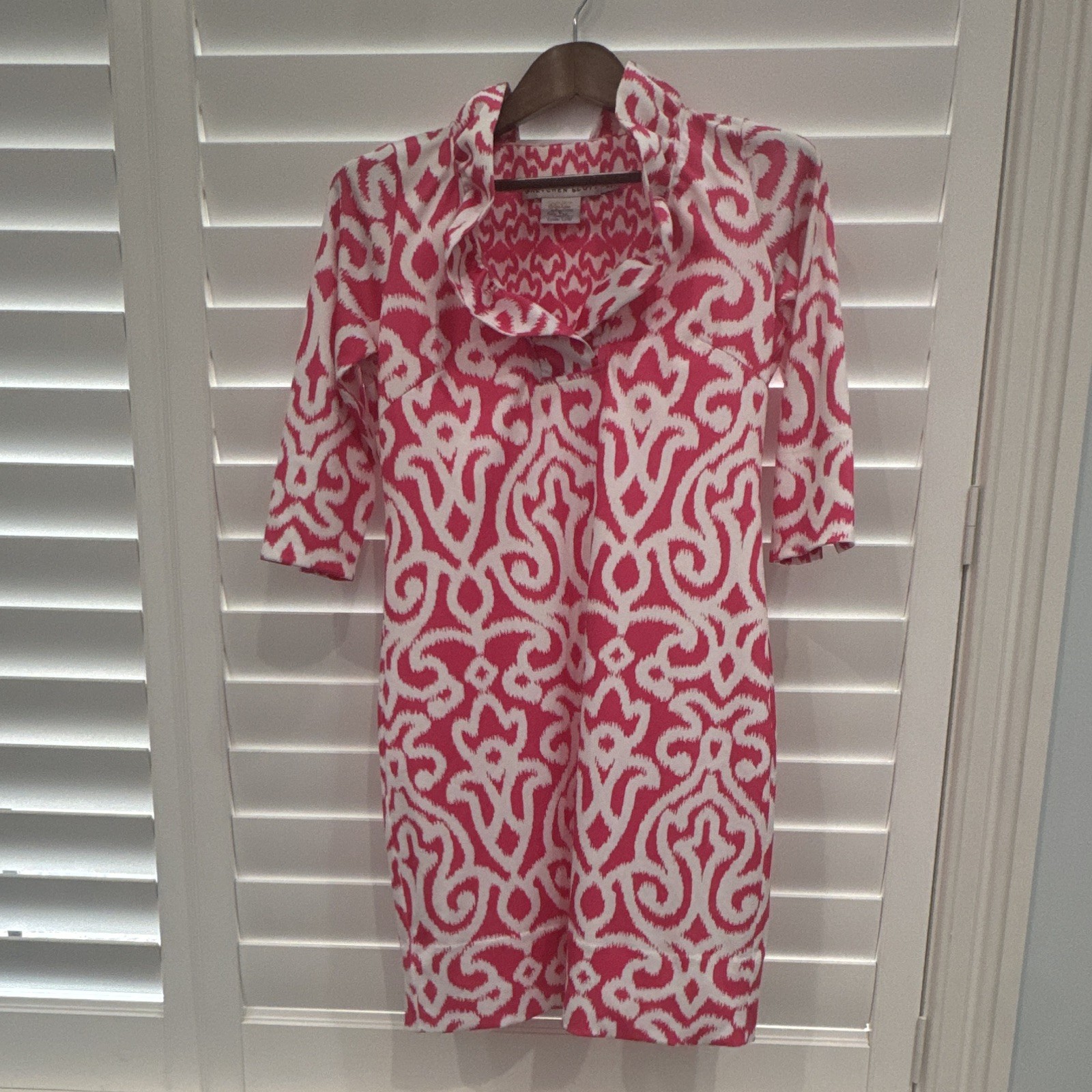 Gretchen Scott Womens XS Pink White Geometric Knit Shift Dress Collared 3/4