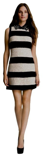 McGINN Knit Sheath Sweater Dress Detachable Pearl Collar Black & Beige M