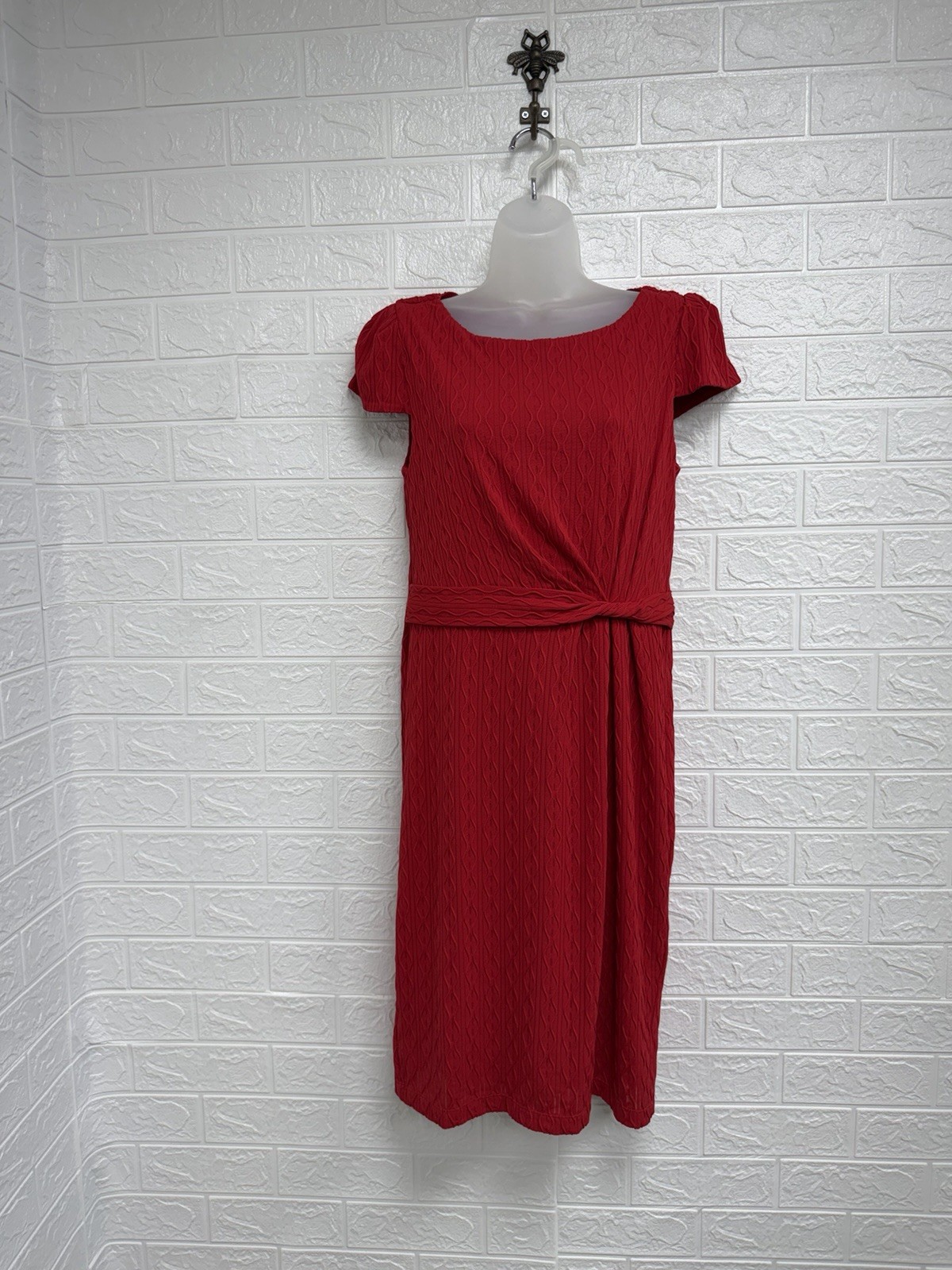 Marks And Spencer Size 14 Dress Red Ruched Short Sleeve Smart Office Occasion