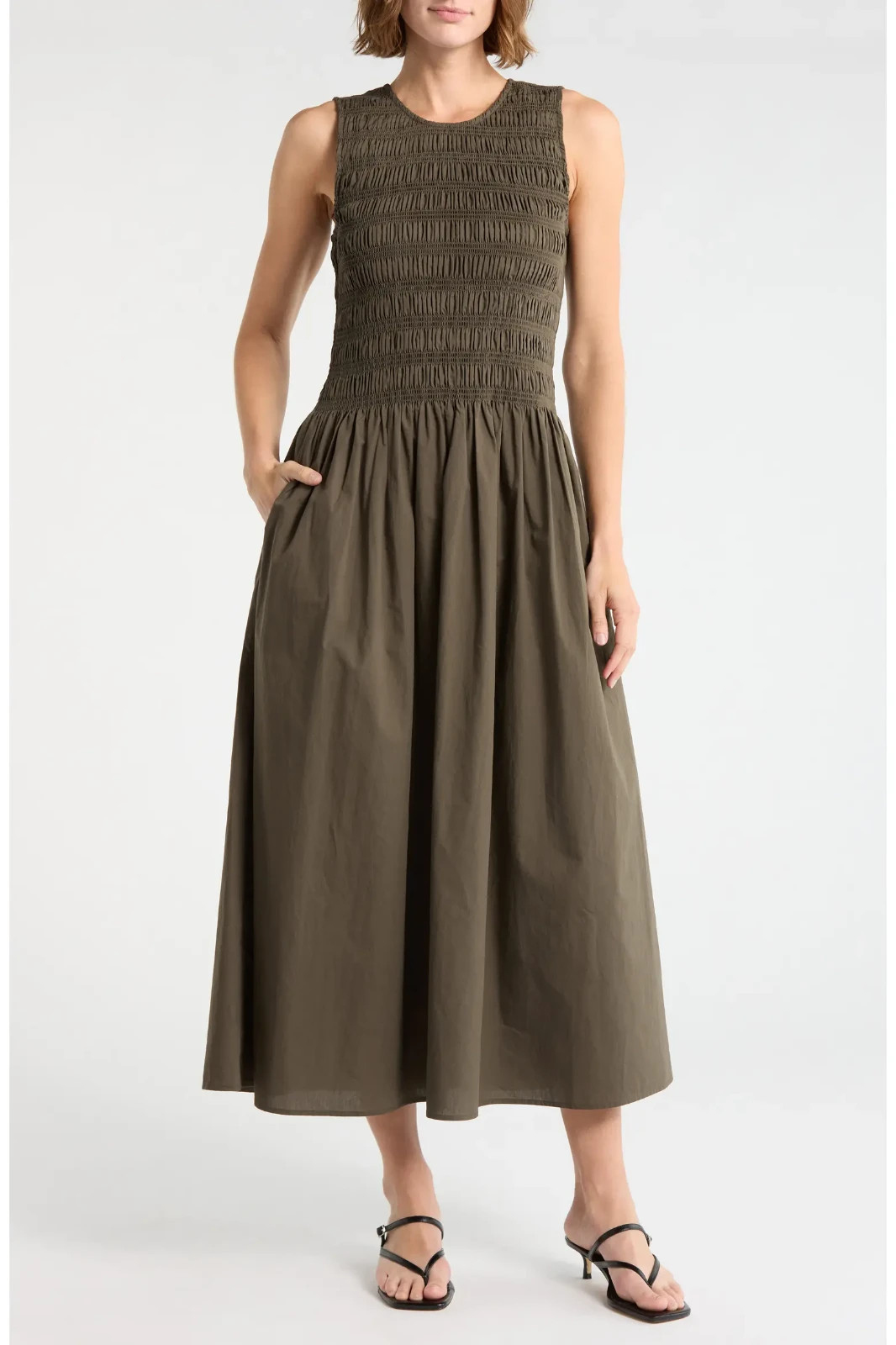 Rag & Bone Lane Sleeveless Smocked Cotton Maxi Dress Midnight Olive NWT