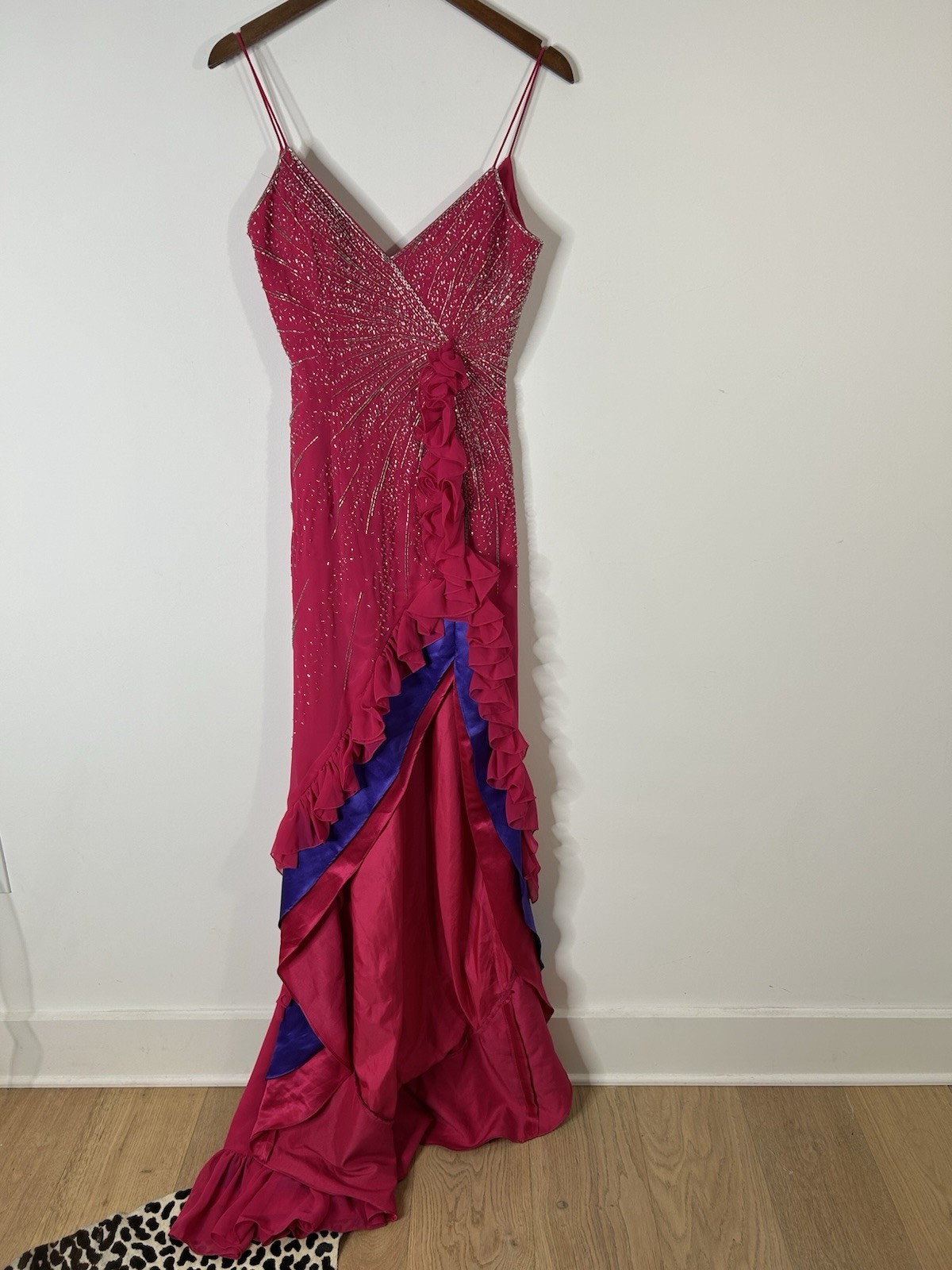 Y2K Silk Dress Women’s 6 Pink Beaded Mermaid Tiered Gown Prom Party Sleeveless