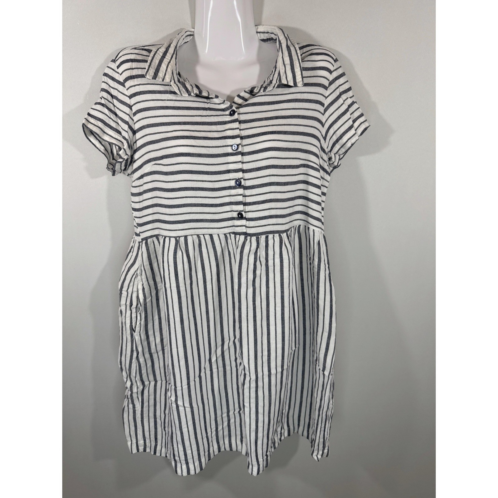 Esmara Women Black White Striped Linen Blend Shirt Dress Size 8 Preppy Coastal