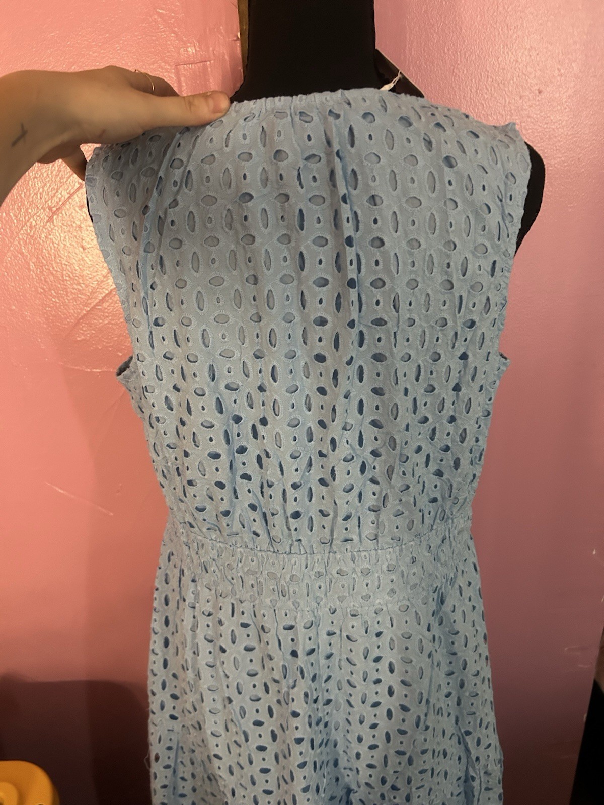 ZESICA Blue V-Neck Eyelet A-Line Lined Midi Dress, Sleeveless, L