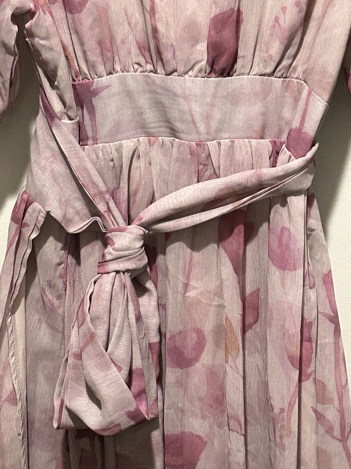 Pink Floral Wrap Dress Small Romantic Flowy Ankle Length Balloon Sleeves By Dazy