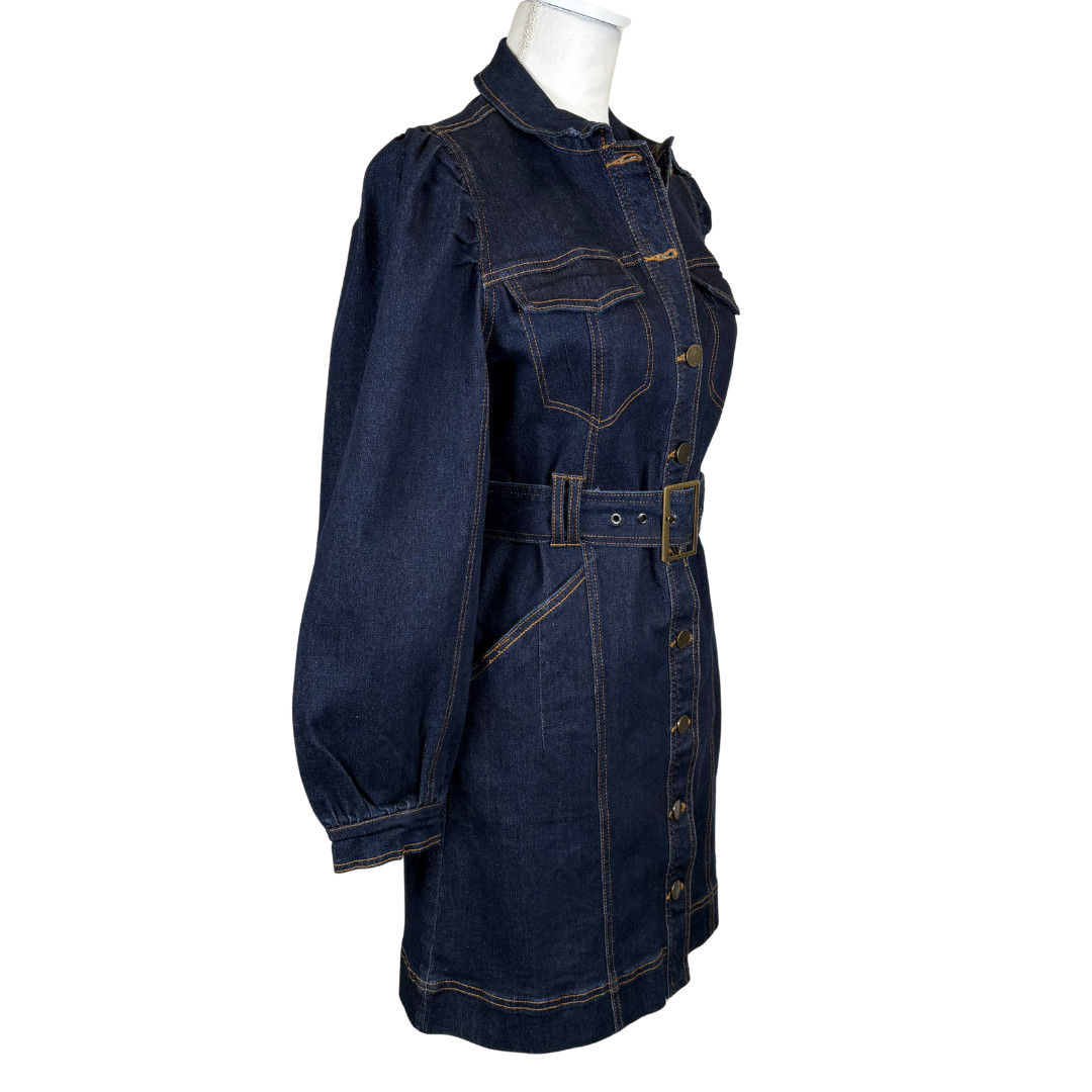 Habitual Dress Womens Small Blue Denim Belted Shirt Dress Puff Sleeves Pockets