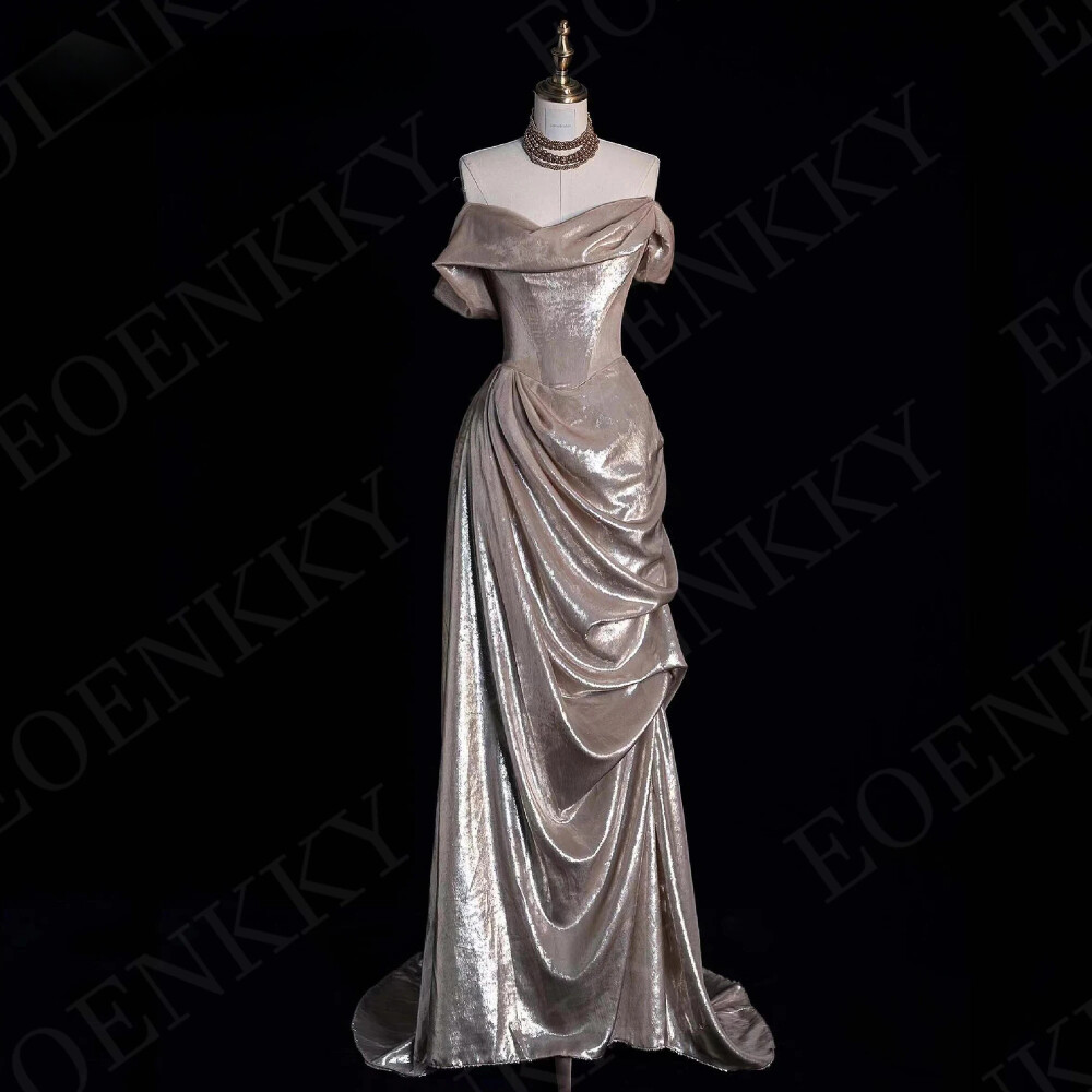 Off Shoulder Evening Dress Off Shoulder Pleats Party Dresses Sweep Train