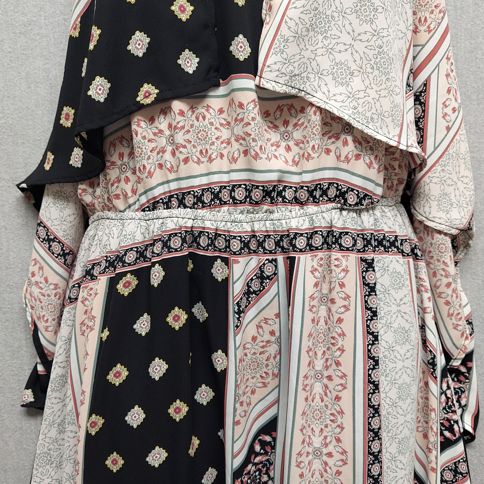 New York & Company Asymmetric Patchwork Maxi Dress M Boho Tie Neck Cape Overlay