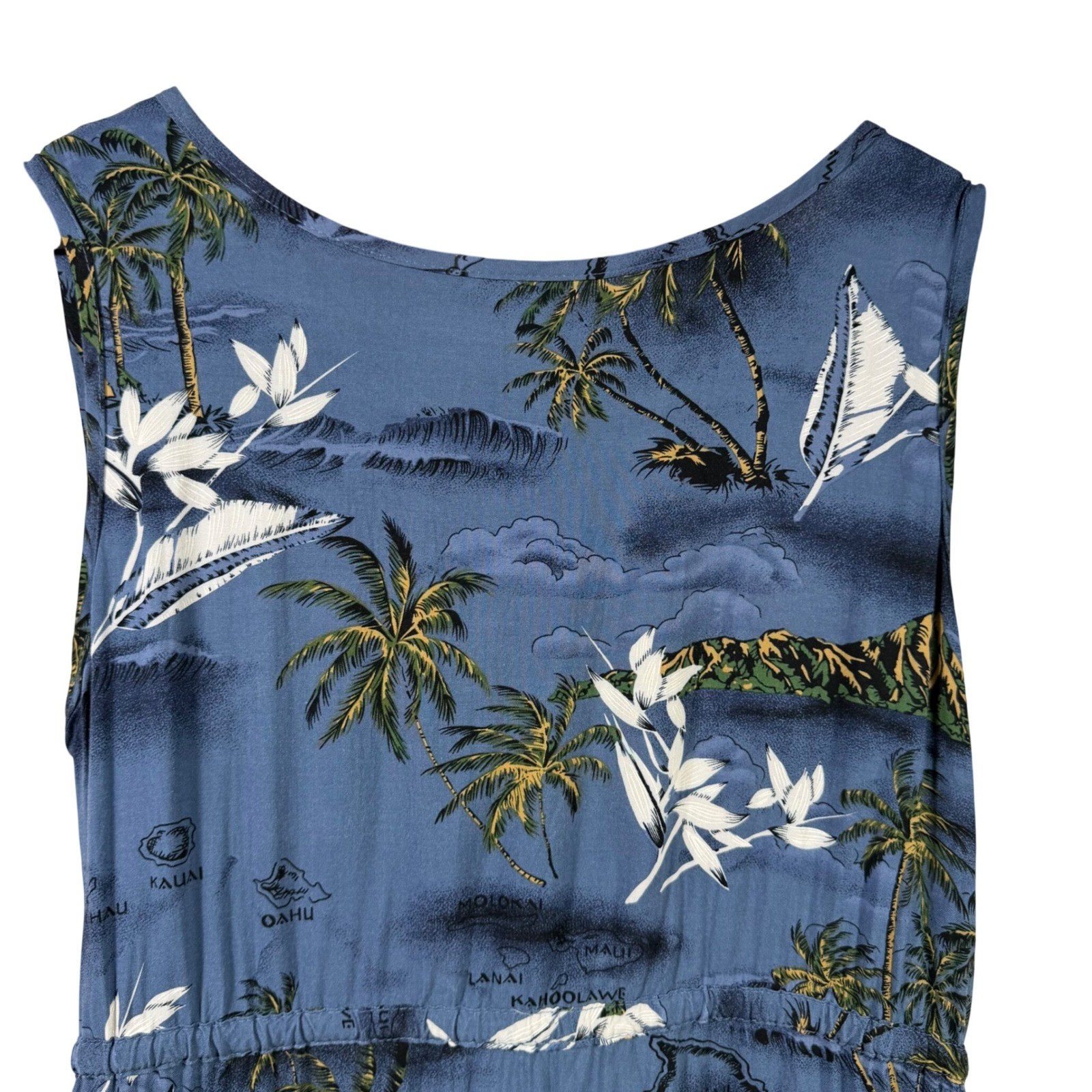 Palmwave Hawaii Blue Tropical Island Map Rayon Dress V-Neck Drawstring Large