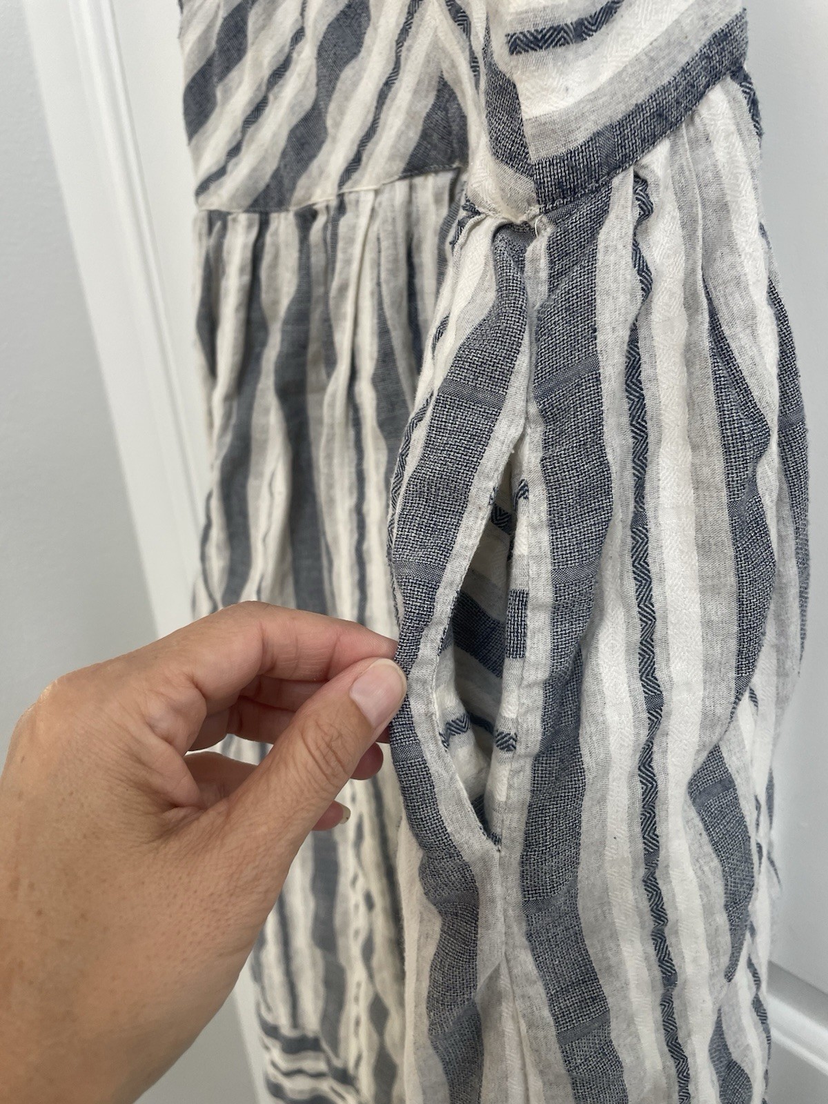 Ciel USA Blue White Striped Square Neck Sleeveless Midi Dress Pockets S