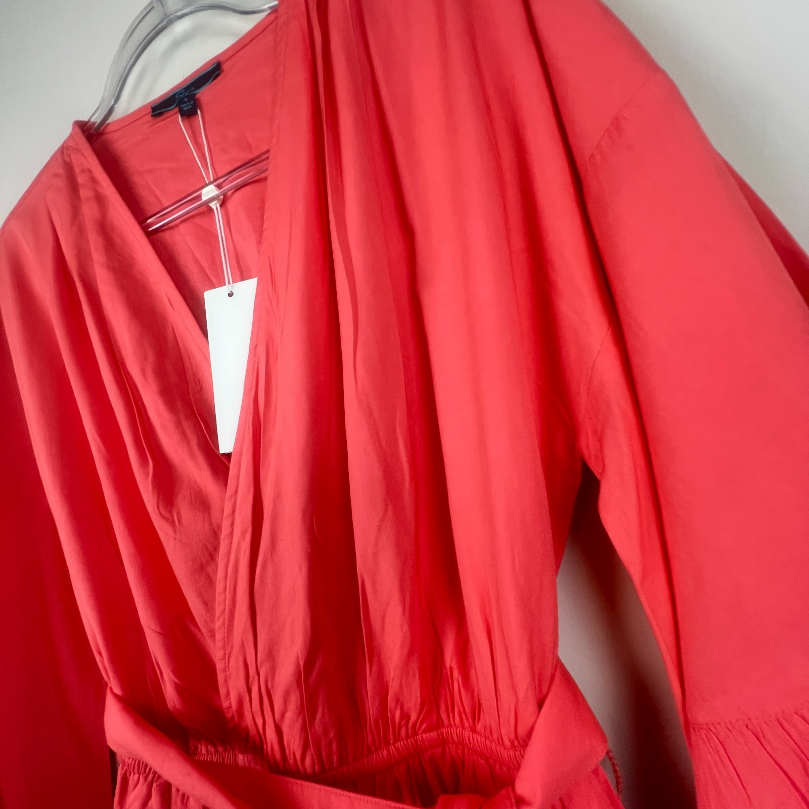 Shore Light Coral Peach Faux Wrap Mini Dress Tie Waist Ruffle Sleeve Pockets