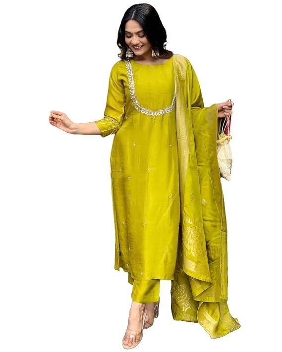 Women’s Silk Blend Straight Embroidered Kurta with Pant & Dupatta