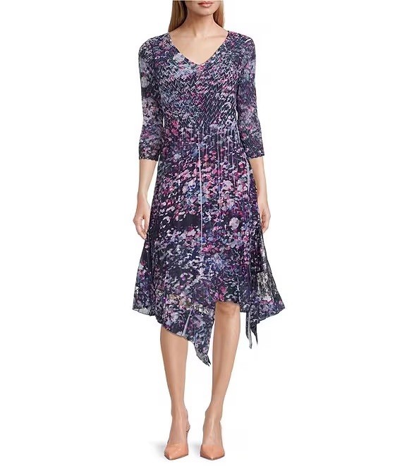 KomaRov Chiffon 3/4 Sleeve V-Neck Handkerchief Hem A-Line Dress Large #EP114