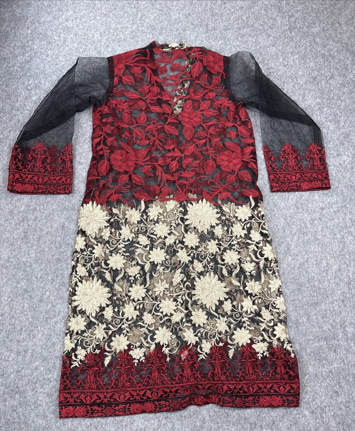 AghaNoor Sheer Overlay Dress Small Embroidered Lace Floral Whimsy Goth Boho Art
