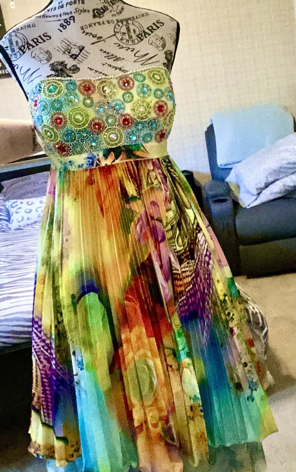 Sherri Hill (9230) Beaded Digital Print Pleated Party Mini Dress – Prom/Cocktail