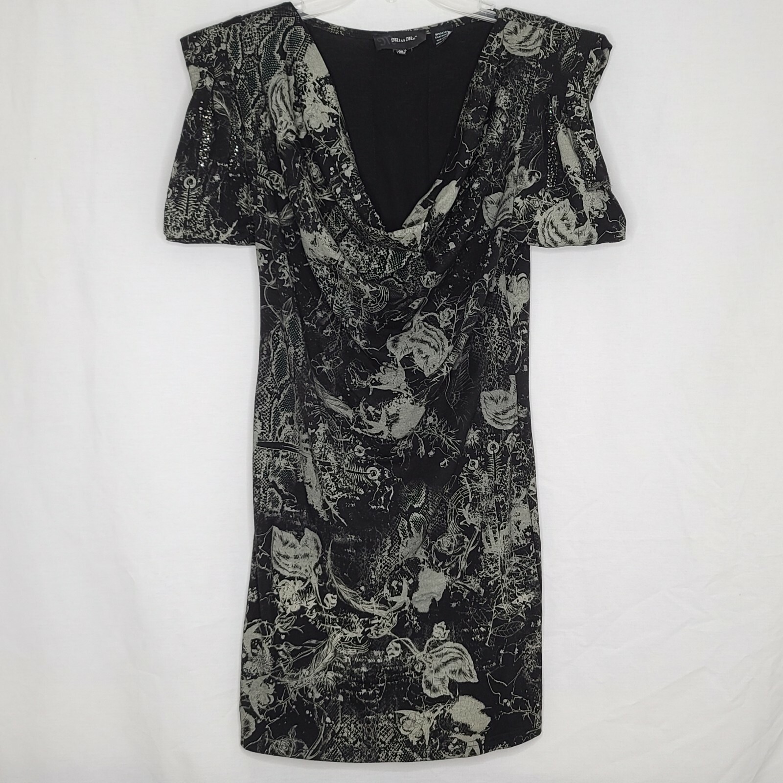 Miss Me Medium Black White Patterned Cowl Neck Short Sleeve Dress