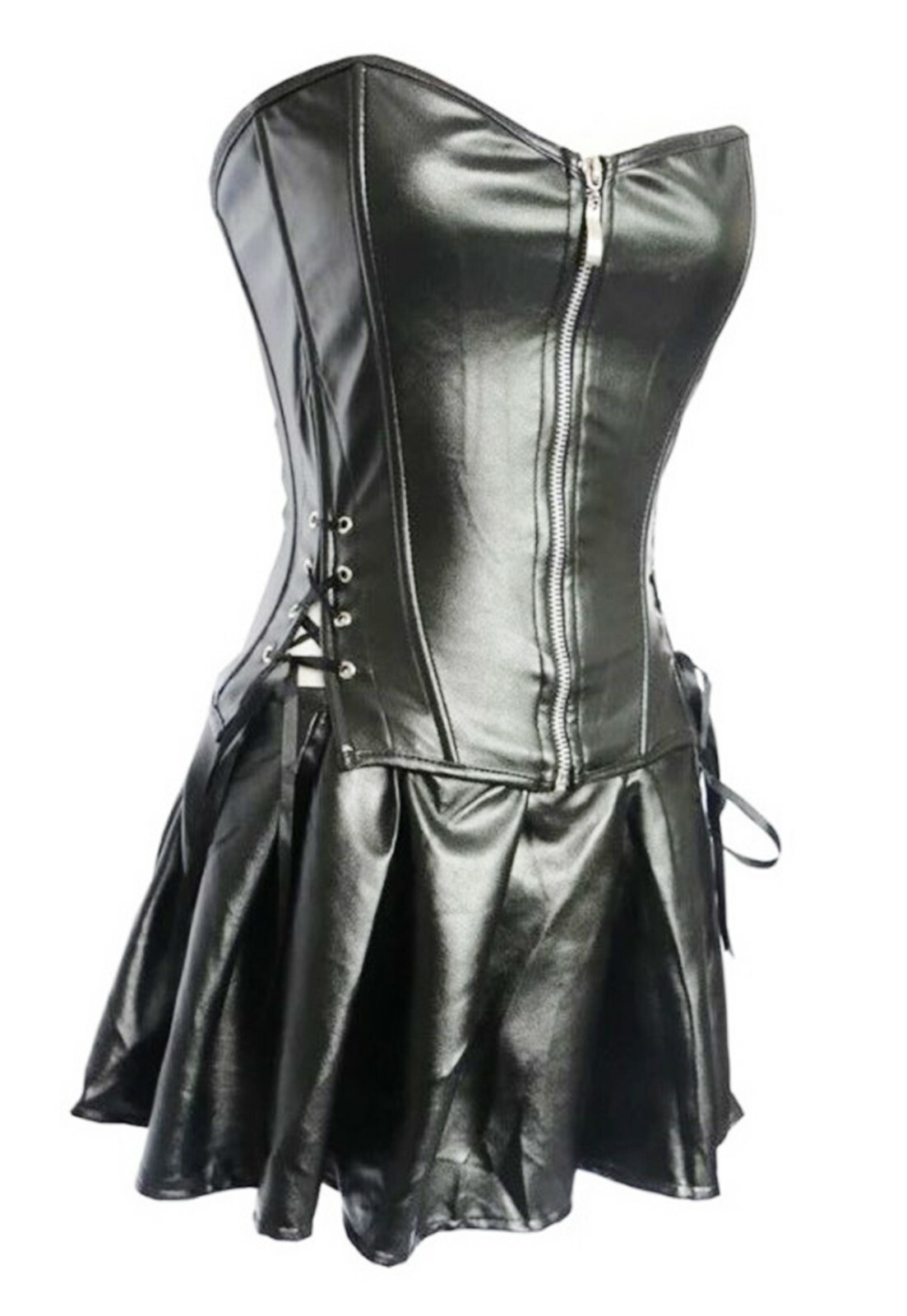 Women Gothic Faux Leather Dominatrix Lingerie Black Femdom Corset & Skirt Dress