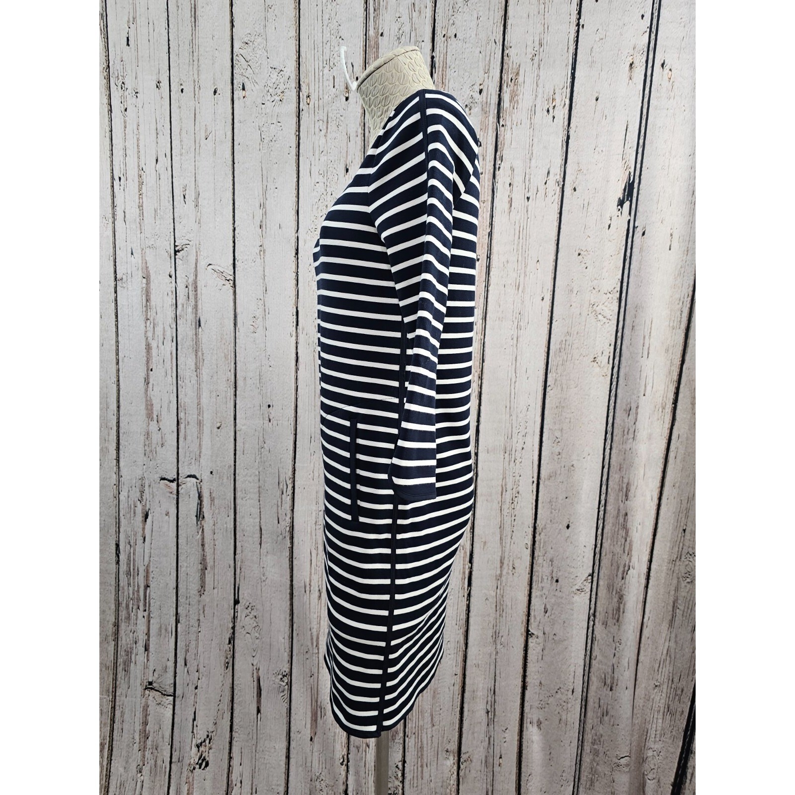 Lands’ End 2 Navy White Striped 3/4 Sleeve Shift Sheath Dress Nautical EUC