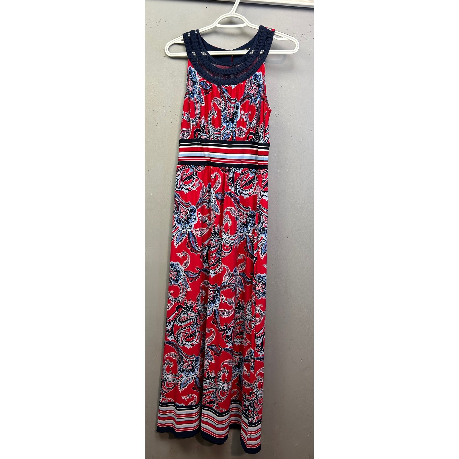 Roz & Ali Maxi Dress Womens Small Red Paisley Nautical Stripe Sleeveless Crochet