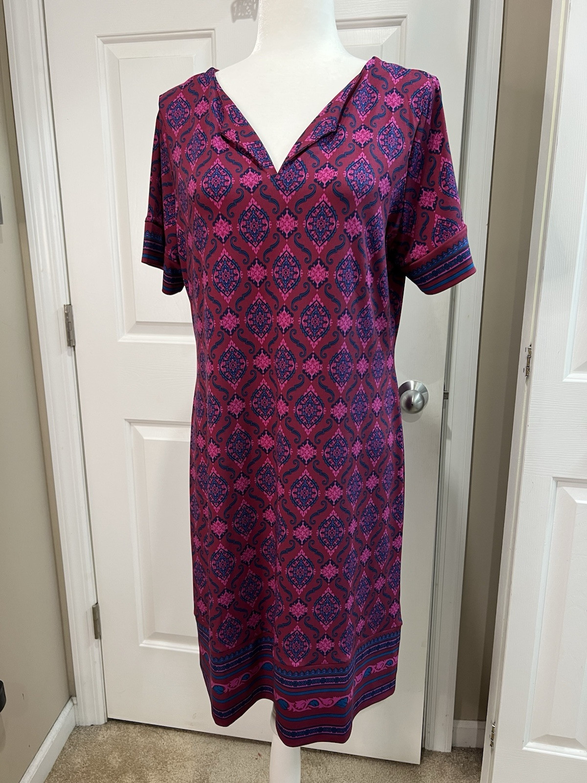Magnolia Grace Wine Pink And Blue Cap Sleeve Business Casual Dress Size L