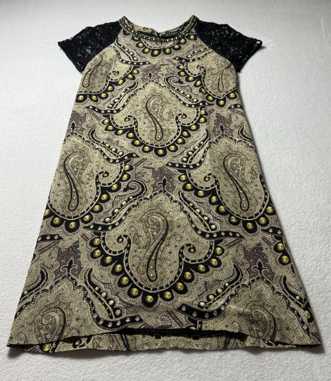 ETRO 100% Silk Dress Women’s US 4 IT 40 Paisley Lace Black & Beige Mini Shift