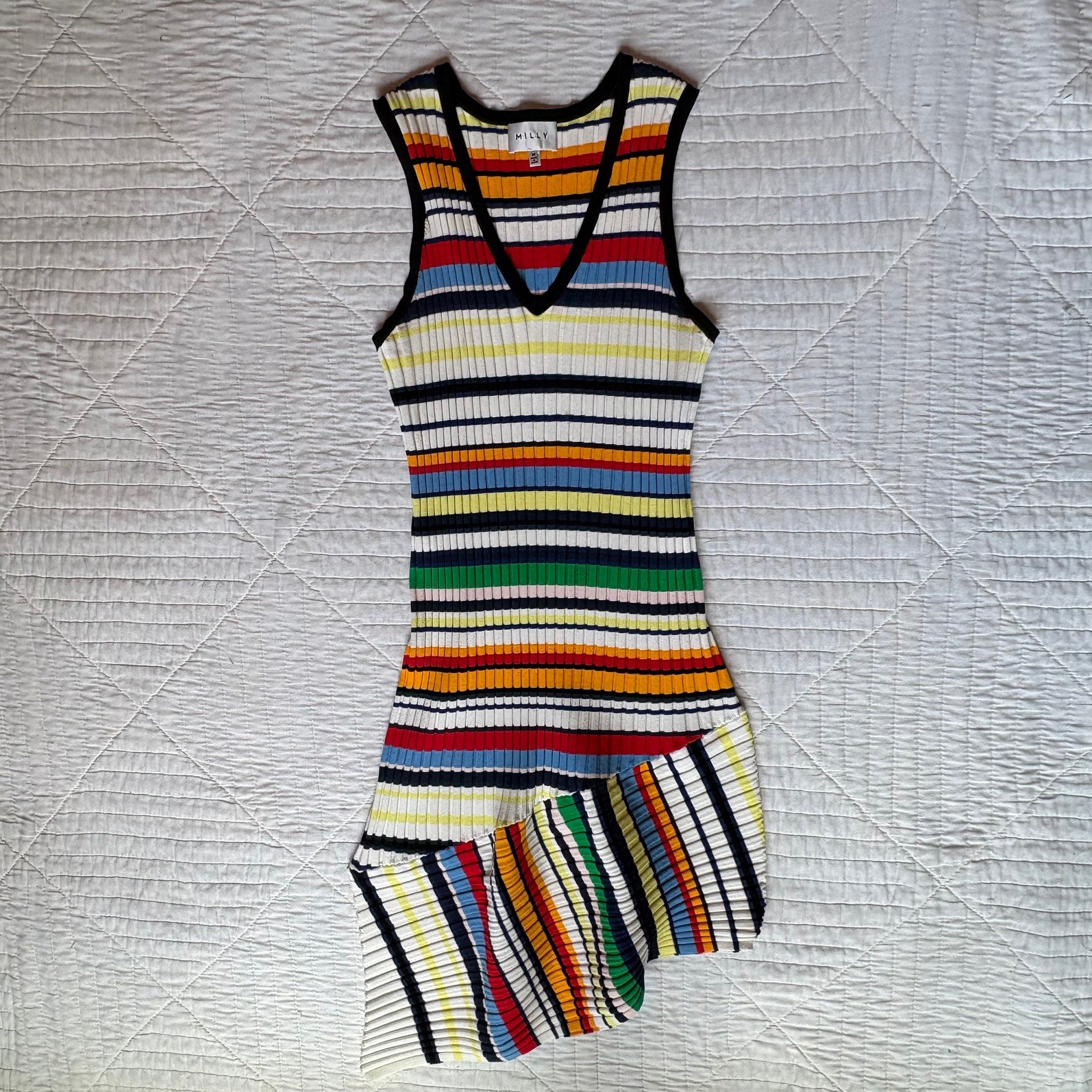 Milly Stripe Knit Dress Womens Medium Multicolor Sleeveless V-Neck Asym Hem