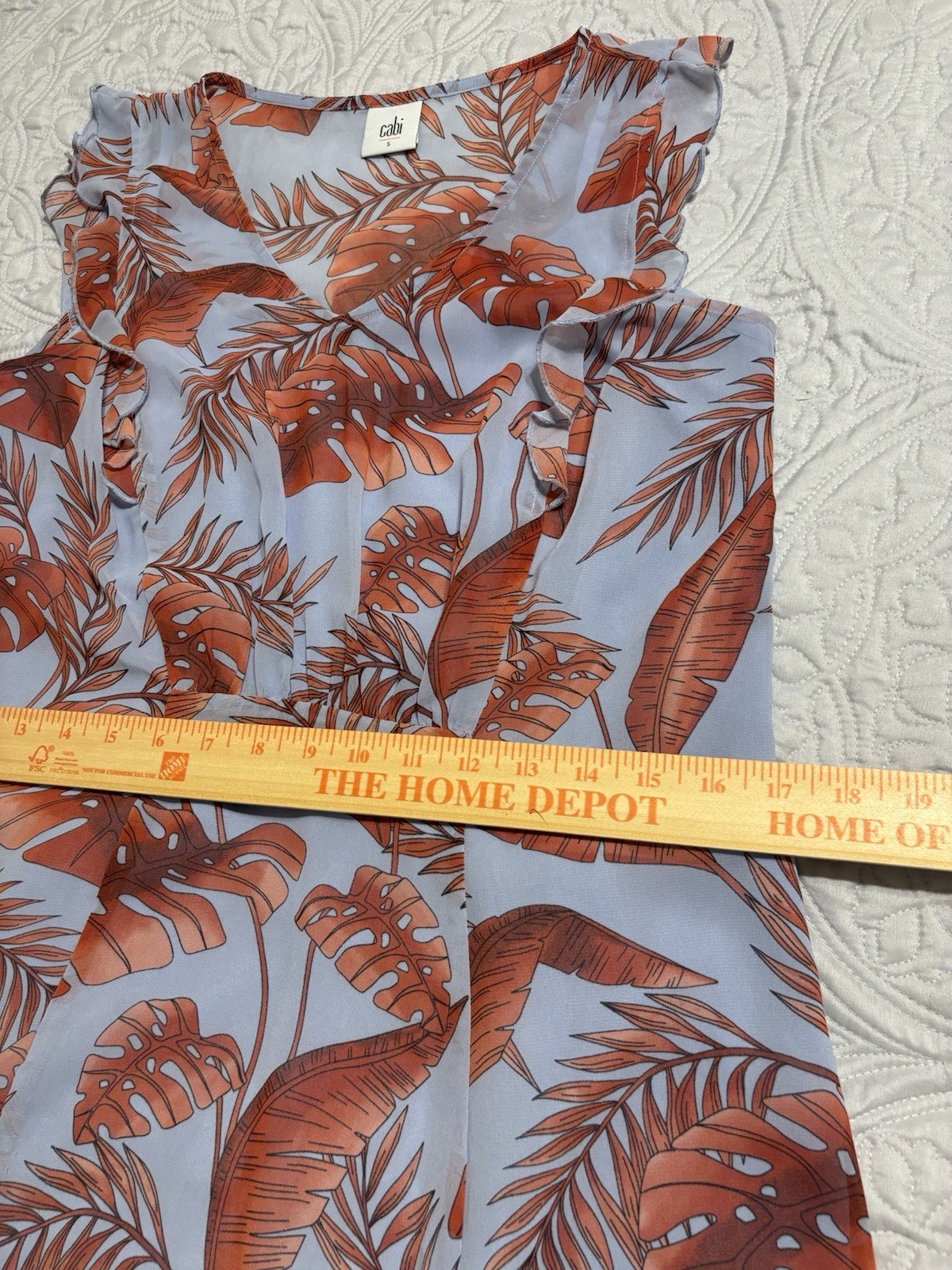 Cabi Light Blue Brown Leaf Print Ruffle Sleeveless Knee Length A-Line Dress S