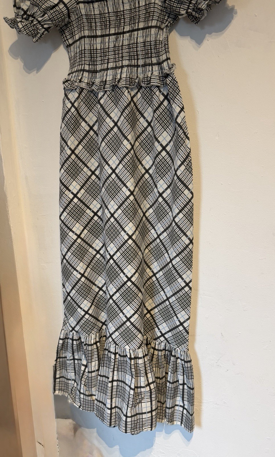 Topshop Maxi Milkmaid Style Smocked Dress Size 12 white blue black checkered