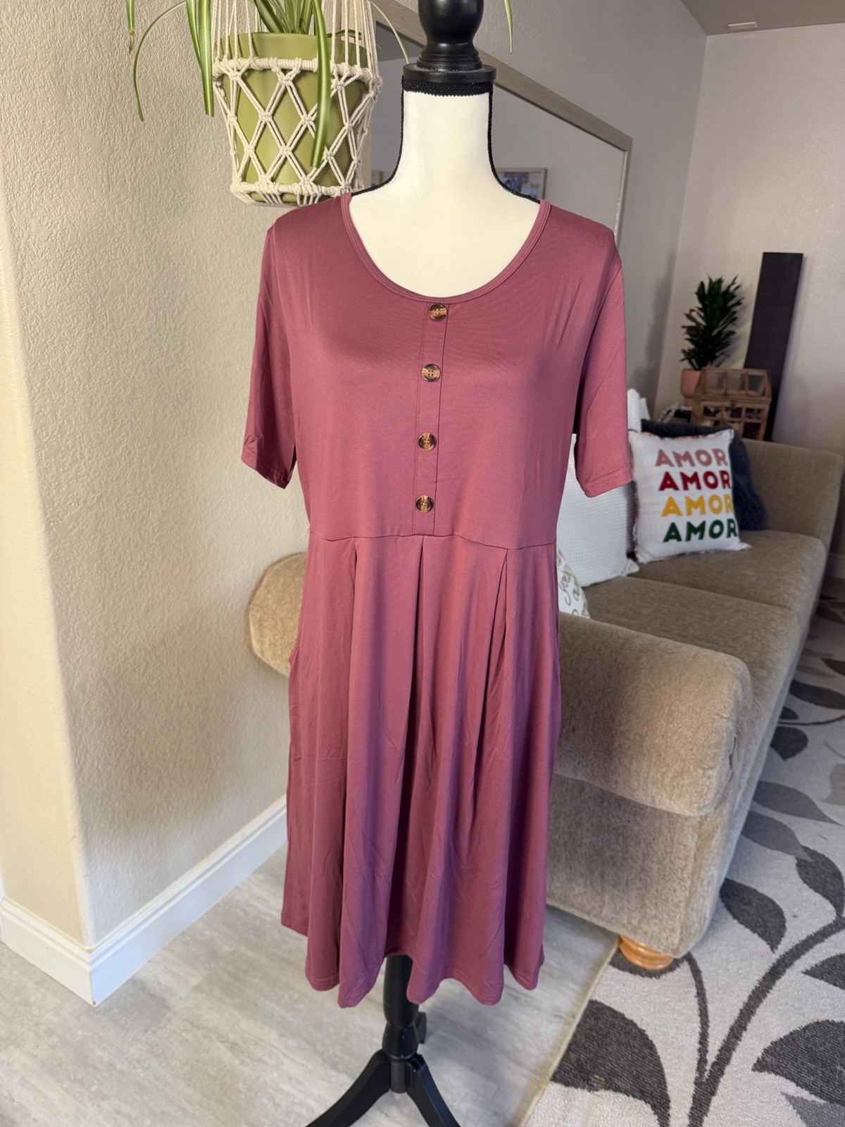 Auselily Women’s Short-Sleeve Button Front Midi Dress in Dusty Rose Size 2XL