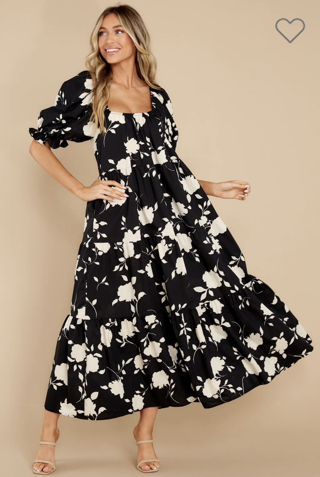 SOFIE THE LABEL Black/Tan Tiered Floral Maxi Puff Sleeve Dress Large