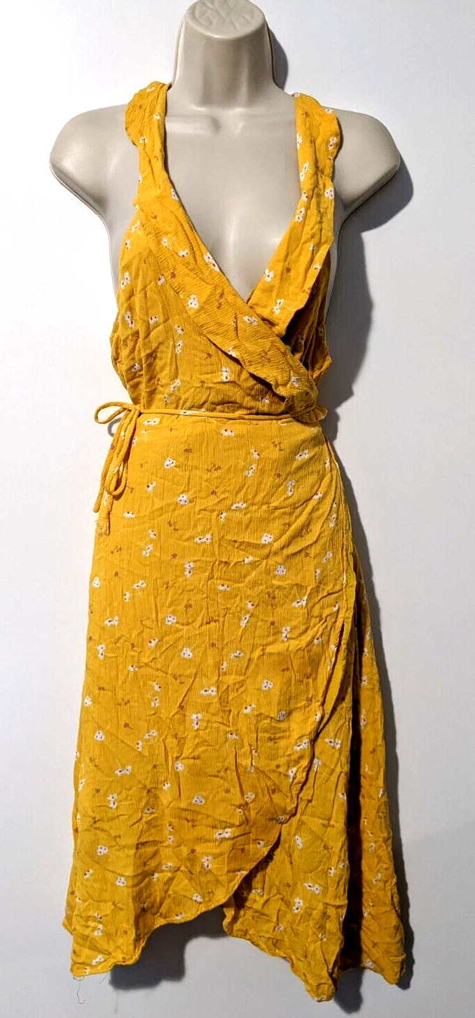 Lumiere Women’s Floral Wrap Dress Sz Medium 100% Rayon Mustard EUC