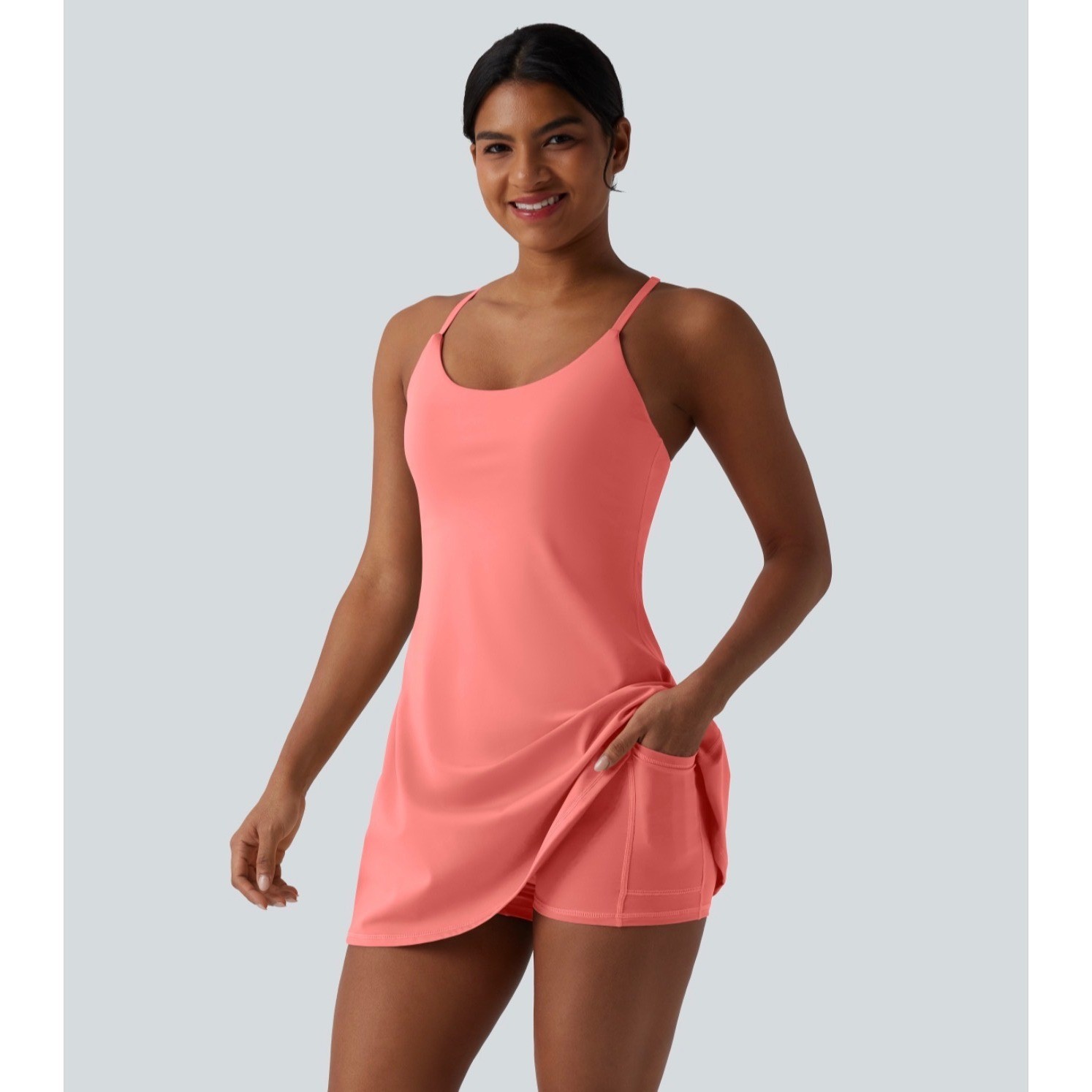 Halara Easy Peezy Plush Tummy Control Active Dress Pockets Pink Large New
