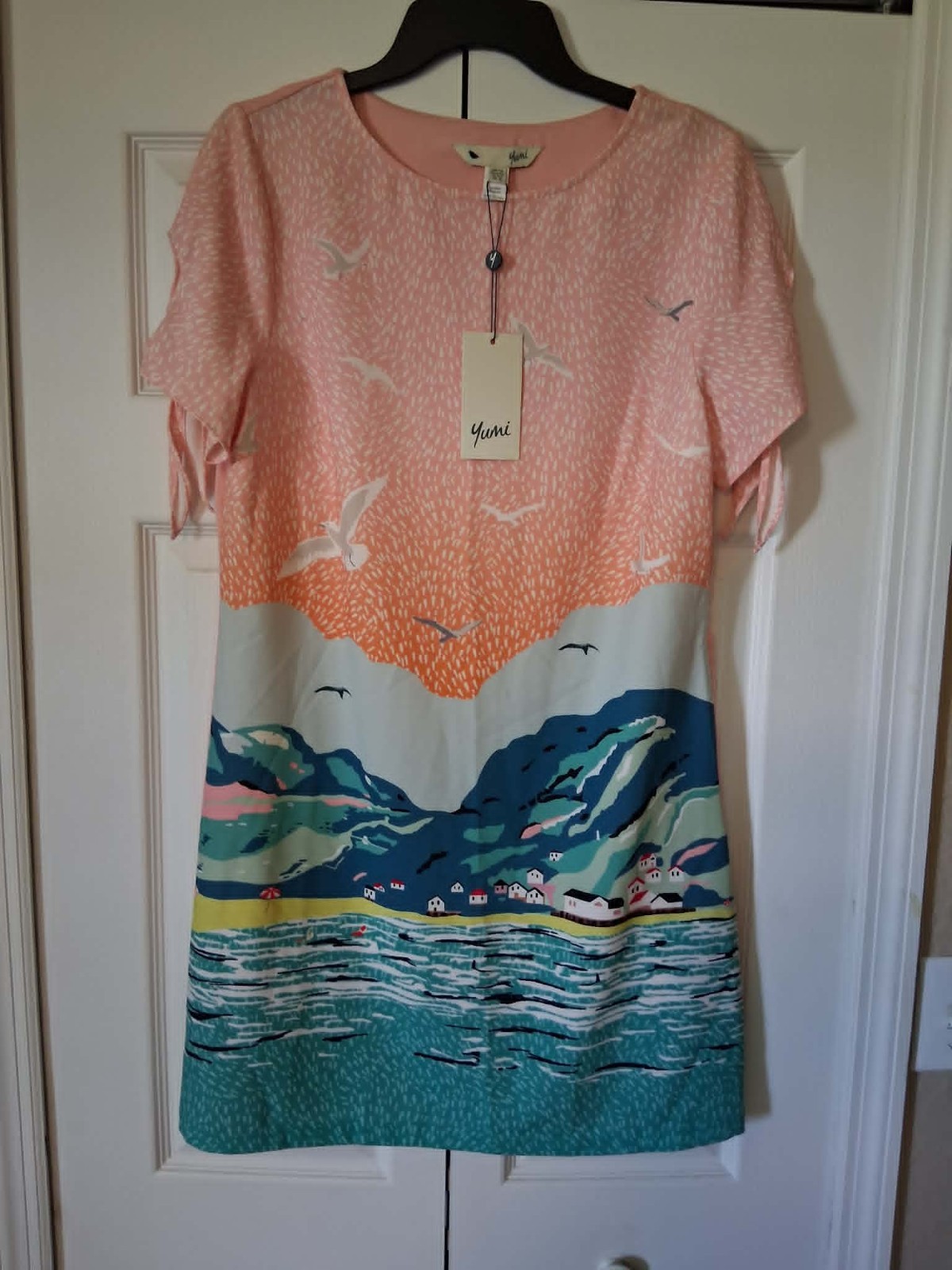 Yumi Coastal Print Open Tie Sleeved Dress Size 8 NWT MSRP $98.