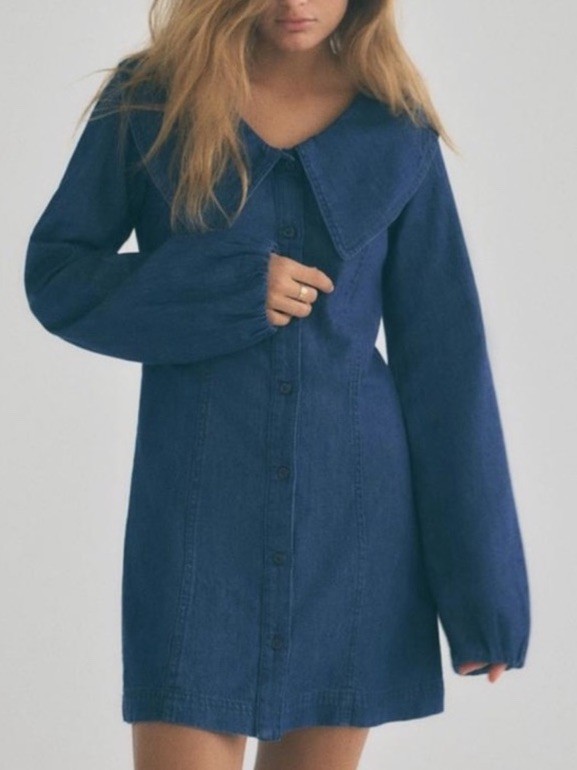 Zara Peter Pan Large Collar Denim Mini Shirt Dress Size L Long Sleeve Dark Wash