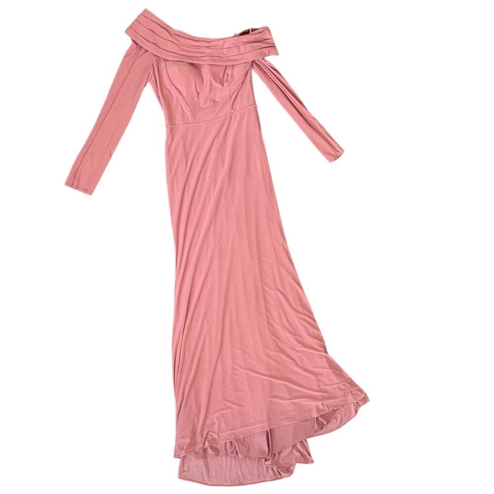 Mac Duggal 26595 Off Shoulder Column Gown Rose Pink Long Sleeve 8 NWOT