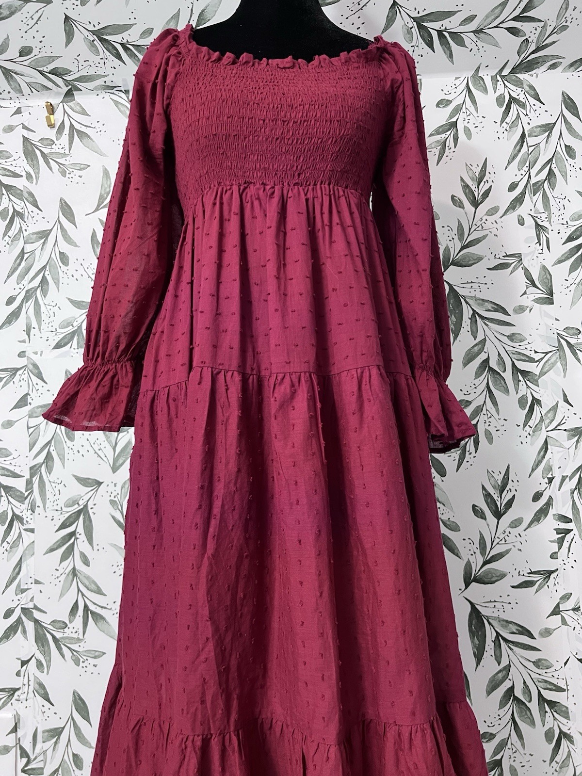 R. Vivimos Plaid Puff Sleeves Bow Boho Midi Dress Sz M Burgundy Vacation Casual