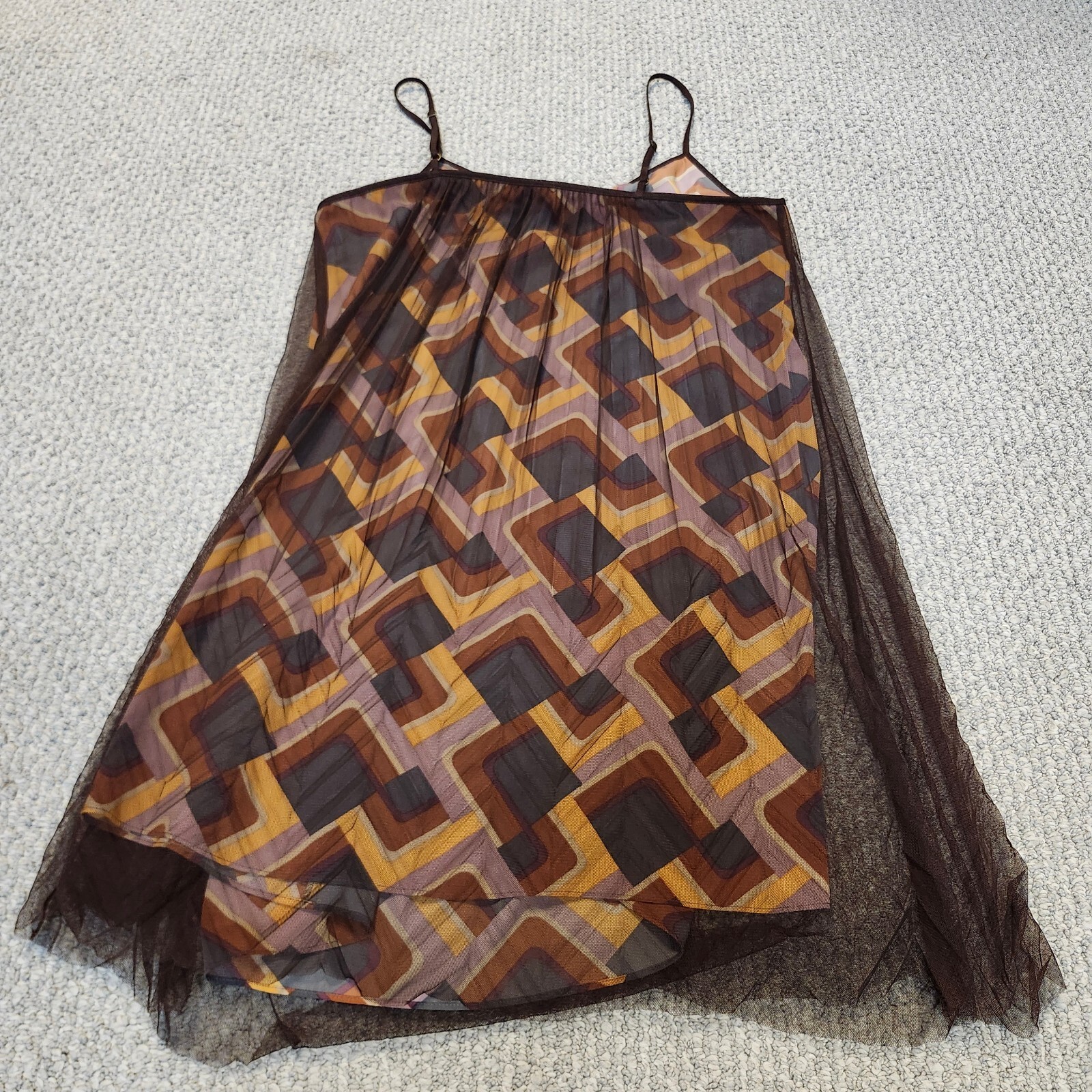Fossil Geometric Pattern Brown Mesh Overlay Slip Dress Medium