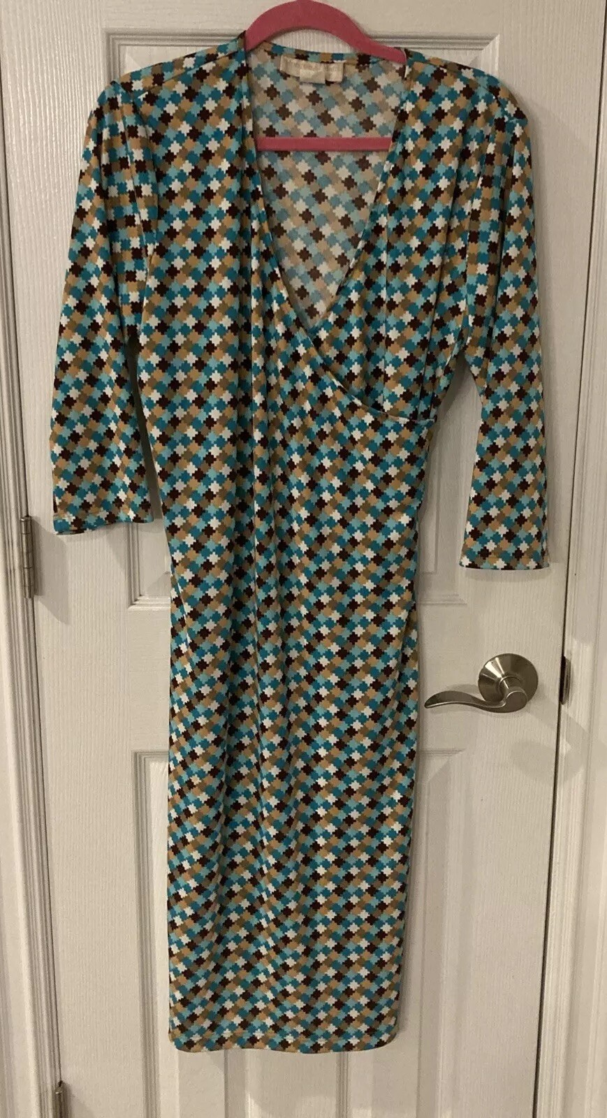 Monroe & Main Geometric Green, Tan, Teal and White Faux Wrap Dress Size Large