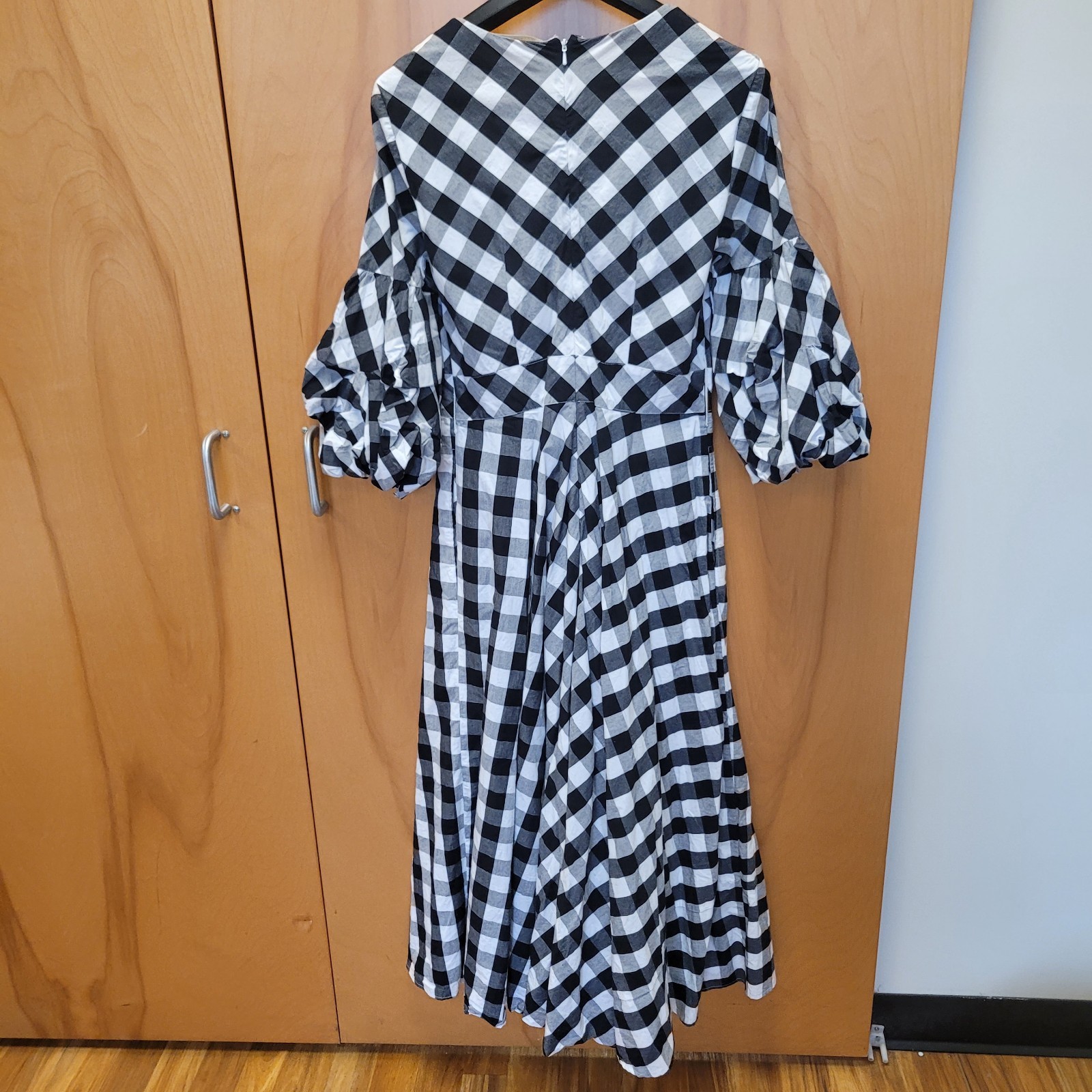 Wayward Fancies Eshakti Dress Medium Black Check Maxi Ruched Bishop Sleeves Boho