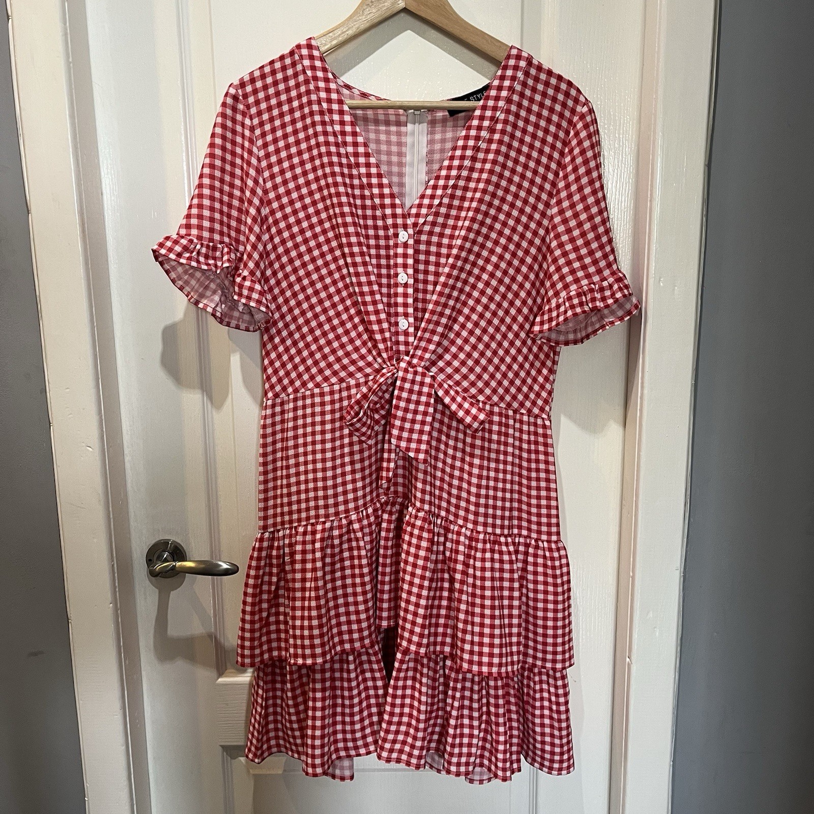 In The Style Size 10 UK Jac Jossa Red White CheckGingham Front Tie Tiered Dress